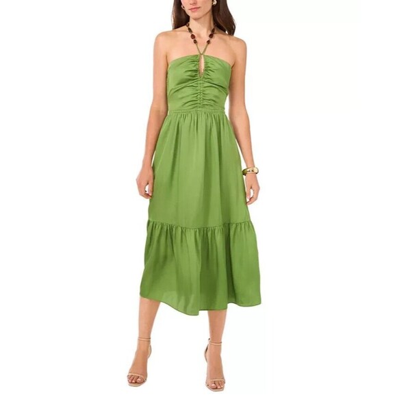 1.STATE Women's Beaded Halter Neck elasticized waist Midi Dress Pockets Green 6 - Picture 2 of 13